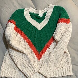Vici Green, White, and Orange V-Neck Sweater